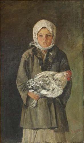 Ion Andreescu Girl holding a chicken oil painting image